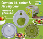 Small Salad Spinner with clear serving bowl, colander basket, smart-lock lid, easy drain system, non-slip base. 16cm|6in diam. Washes, dries & dresses lettuce, herbs, vegetables & fruit. Compact. NabehaKashafStores