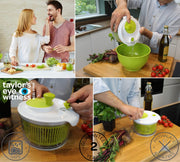 Small Salad Spinner with clear serving bowl, colander basket, smart-lock lid, easy drain system, non-slip base. 16cm|6in diam. Washes, dries & dresses lettuce, herbs, vegetables & fruit. Compact. NabehaKashafStores