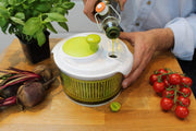 Small Salad Spinner with clear serving bowl, colander basket, smart-lock lid, easy drain system, non-slip base. 16cm|6in diam. Washes, dries & dresses lettuce, herbs, vegetables & fruit. Compact. NabehaKashafStores