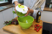 Small Salad Spinner with clear serving bowl, colander basket, smart-lock lid, easy drain system, non-slip base. 16cm|6in diam. Washes, dries & dresses lettuce, herbs, vegetables & fruit. Compact. NabehaKashafStores