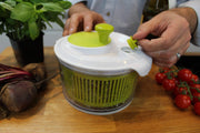 Small Salad Spinner with clear serving bowl, colander basket, smart-lock lid, easy drain system, non-slip base. 16cm|6in diam. Washes, dries & dresses lettuce, herbs, vegetables & fruit. Compact. NabehaKashafStores